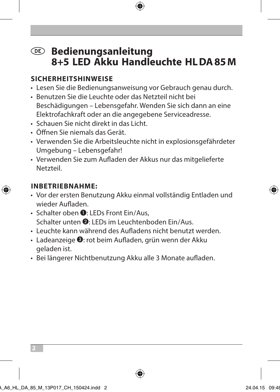 Brennenstuhl 8+5 LED Akku Hand Lamp HL DA 85 M 240lm 6000K 3h User Manual | Page 2 / 52