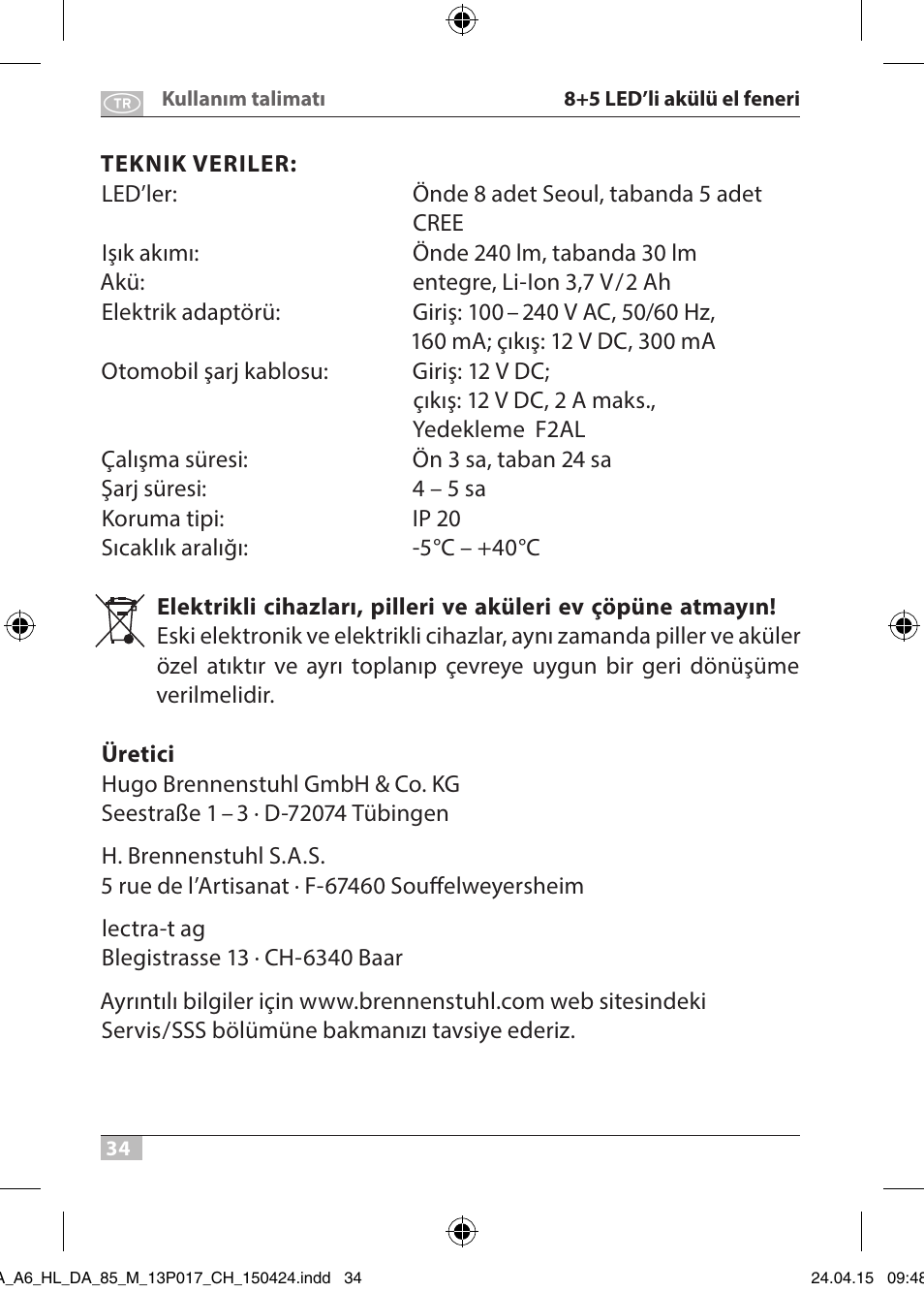 Brennenstuhl 8+5 LED Akku Hand Lamp HL DA 85 M 240lm 6000K 3h User Manual | Page 34 / 52