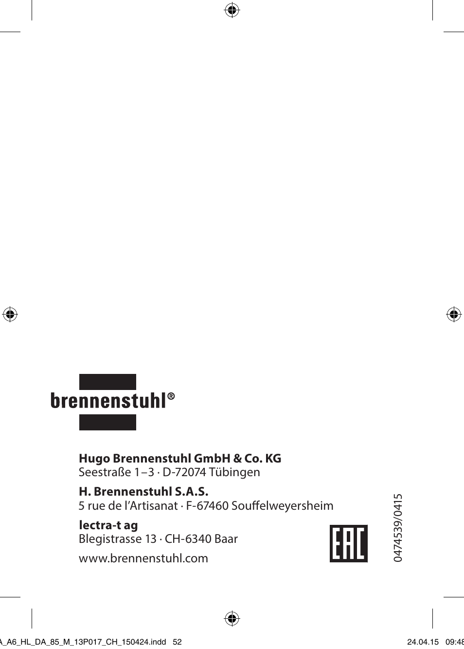 Brennenstuhl 8+5 LED Akku Hand Lamp HL DA 85 M 240lm 6000K 3h User Manual | Page 52 / 52