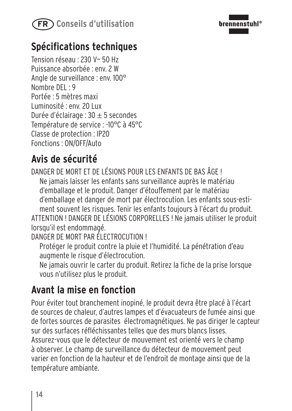 Spéciﬁ cations techniques, Avis de sécurité, Avant la mise en fonction | Brennenstuhl LED Nightlight NL 9 with PIR sensor and twilight sensor User Manual | Page 14 / 48