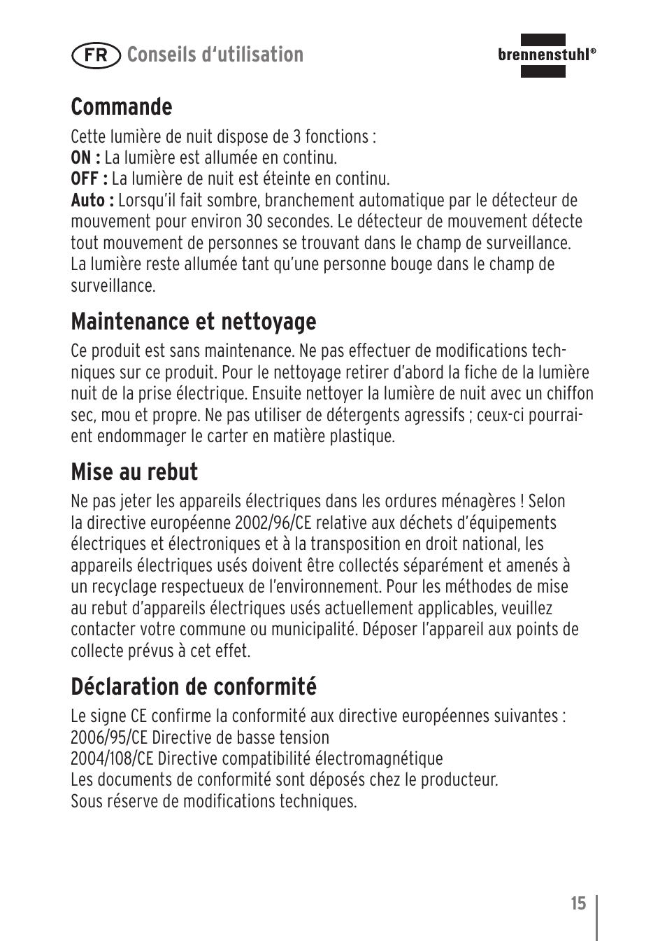 Commande, Maintenance et nettoyage, Mise au rebut | Déclaration de conformité | Brennenstuhl LED Nightlight NL 9 with PIR sensor and twilight sensor User Manual | Page 15 / 48