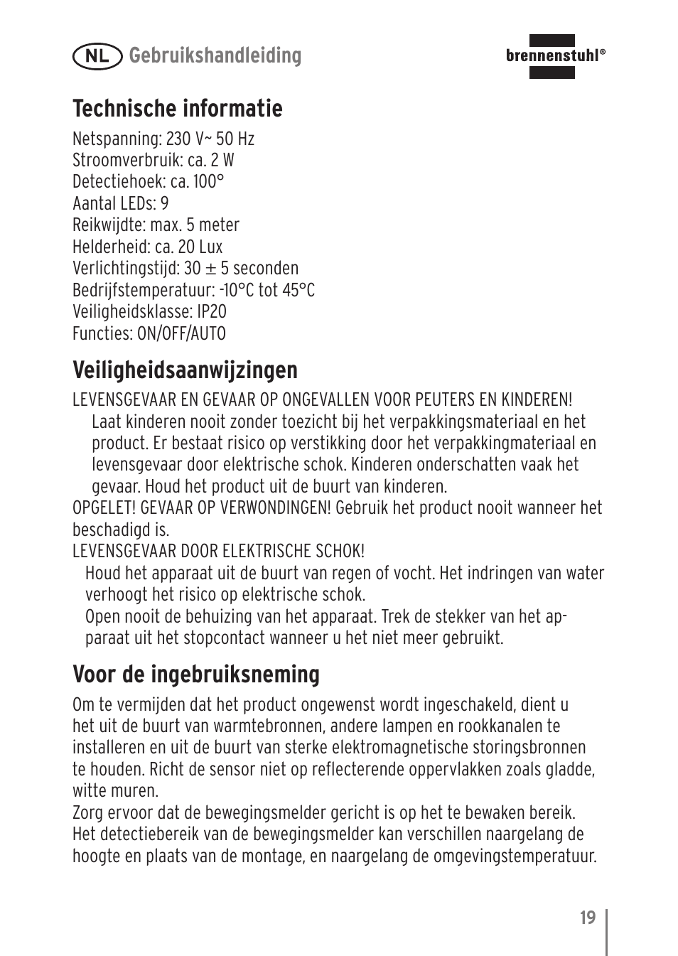Technische informatie, Veiligheidsaanwijzingen, Voor de ingebruiksneming | Brennenstuhl LED Nightlight NL 9 with PIR sensor and twilight sensor User Manual | Page 19 / 48