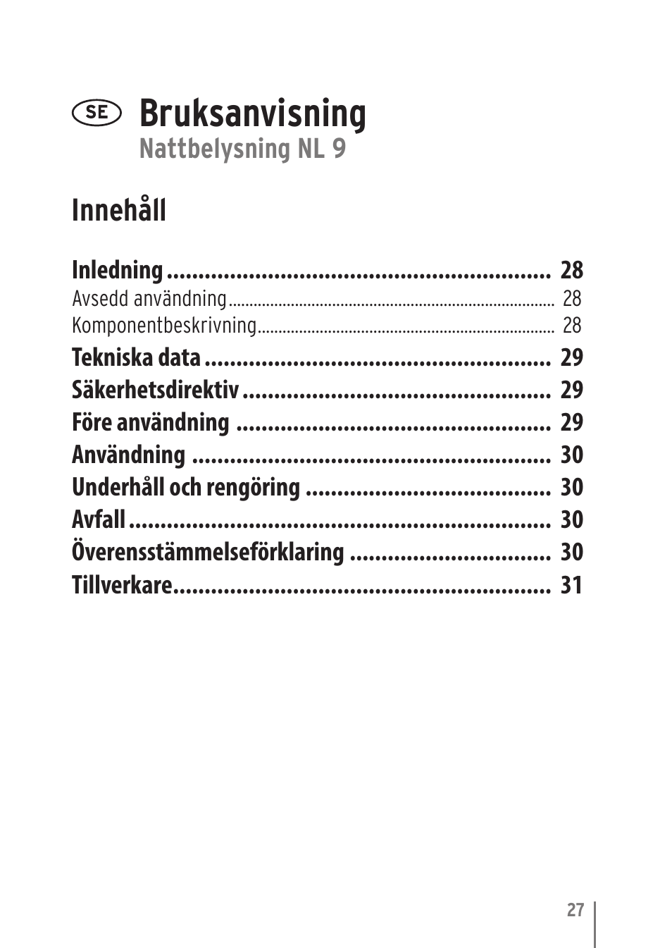 Bruksanvisning, Innehåll | Brennenstuhl LED Nightlight NL 9 with PIR sensor and twilight sensor User Manual | Page 27 / 48