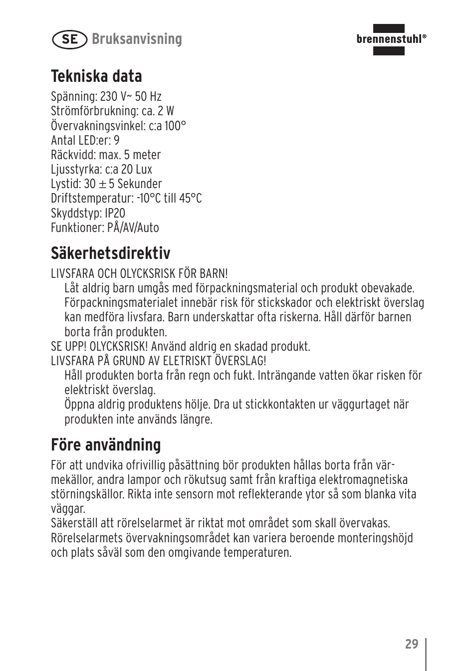 Tekniska data, Säkerhetsdirektiv, Före användning | Brennenstuhl LED Nightlight NL 9 with PIR sensor and twilight sensor User Manual | Page 29 / 48