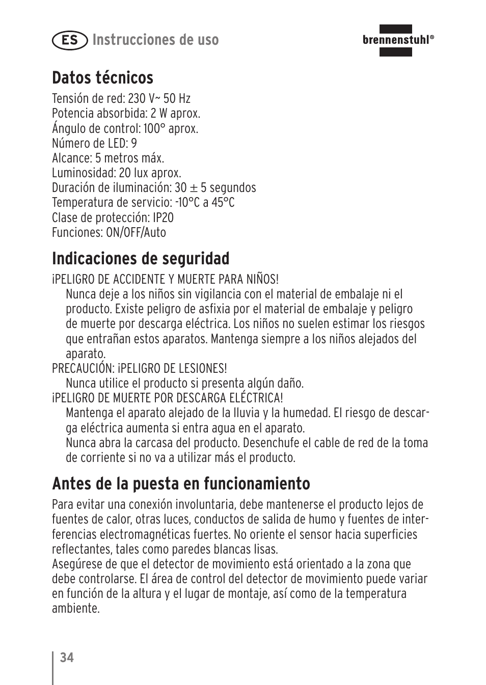 Datos técnicos, Indicaciones de seguridad, Antes de la puesta en funcionamiento | Brennenstuhl LED Nightlight NL 9 with PIR sensor and twilight sensor User Manual | Page 34 / 48