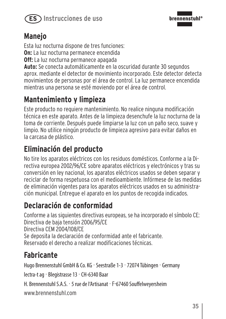 Manejo, Mantenimiento y limpieza, Eliminación del producto | Declaración de conformidad, Fabricante | Brennenstuhl LED Nightlight NL 9 with PIR sensor and twilight sensor User Manual | Page 35 / 48