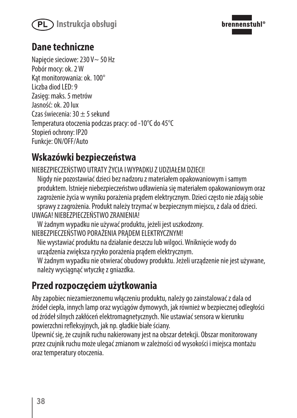 Dane techniczne, Wskazówki bezpieczeństwa, Przed rozpoczęciem użytkowania | Brennenstuhl LED Nightlight NL 9 with PIR sensor and twilight sensor User Manual | Page 38 / 48