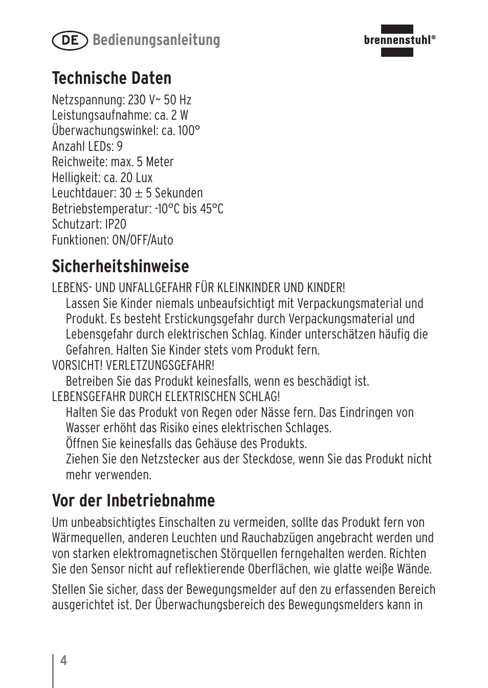 Technische daten, Sicherheitshinweise, Vor der inbetriebnahme | Brennenstuhl LED Nightlight NL 9 with PIR sensor and twilight sensor User Manual | Page 4 / 48