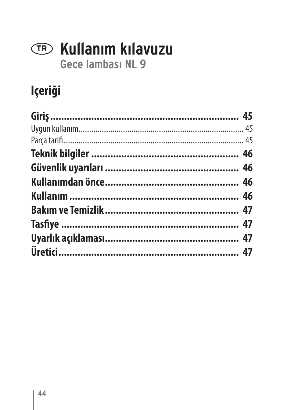 Kullanım kılavuzu, Içeriği | Brennenstuhl LED Nightlight NL 9 with PIR sensor and twilight sensor User Manual | Page 44 / 48