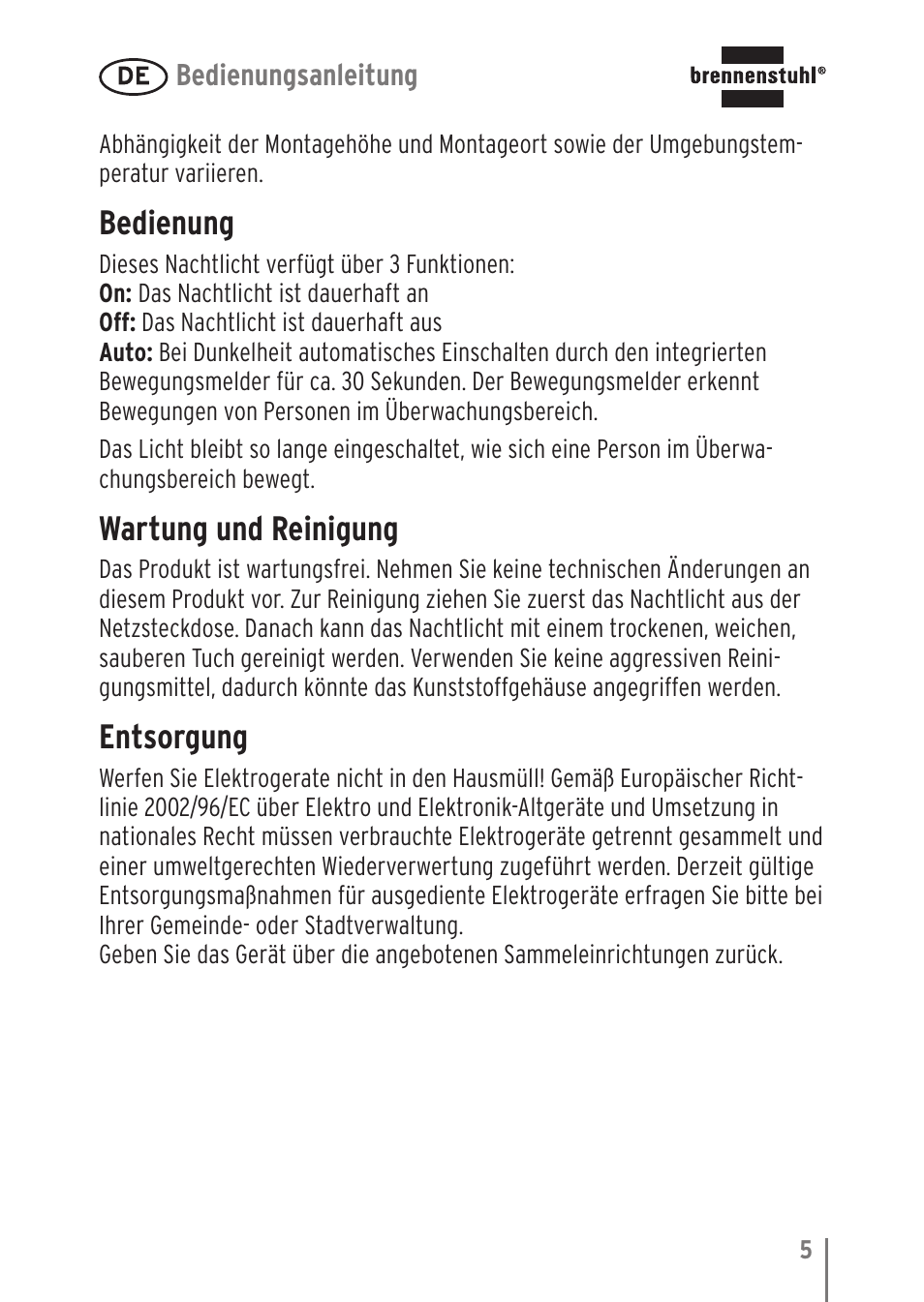 Bedienung, Wartung und reinigung, Entsorgung | Brennenstuhl LED Nightlight NL 9 with PIR sensor and twilight sensor User Manual | Page 5 / 48