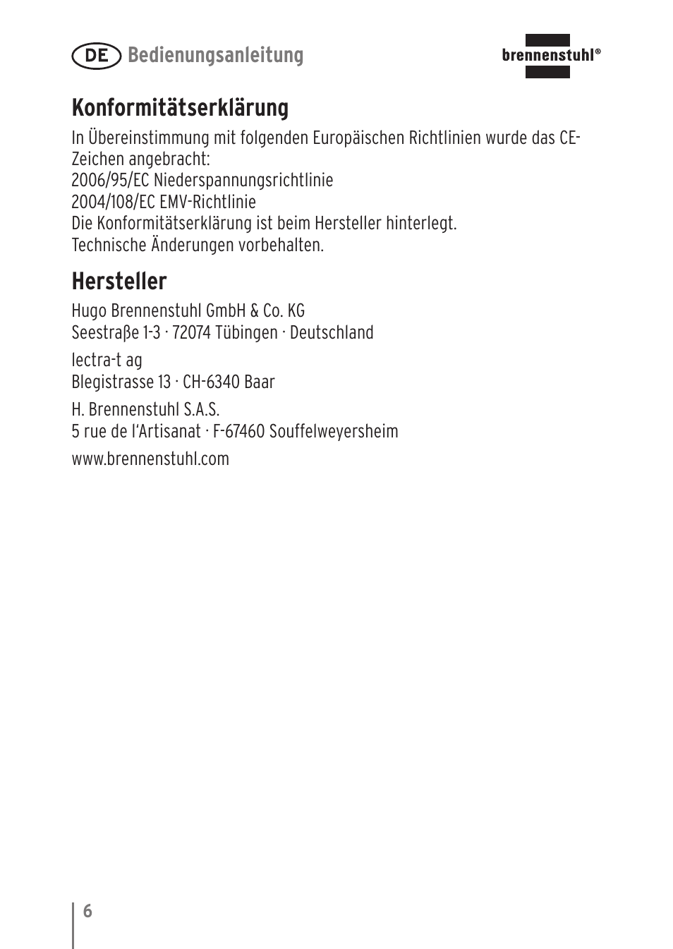 Konformitätserklärung, Hersteller | Brennenstuhl LED Nightlight NL 9 with PIR sensor and twilight sensor User Manual | Page 6 / 48