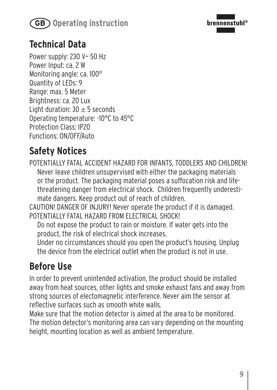 Technical data, Safety notices, Before use | Brennenstuhl LED Nightlight NL 9 with PIR sensor and twilight sensor User Manual | Page 9 / 48