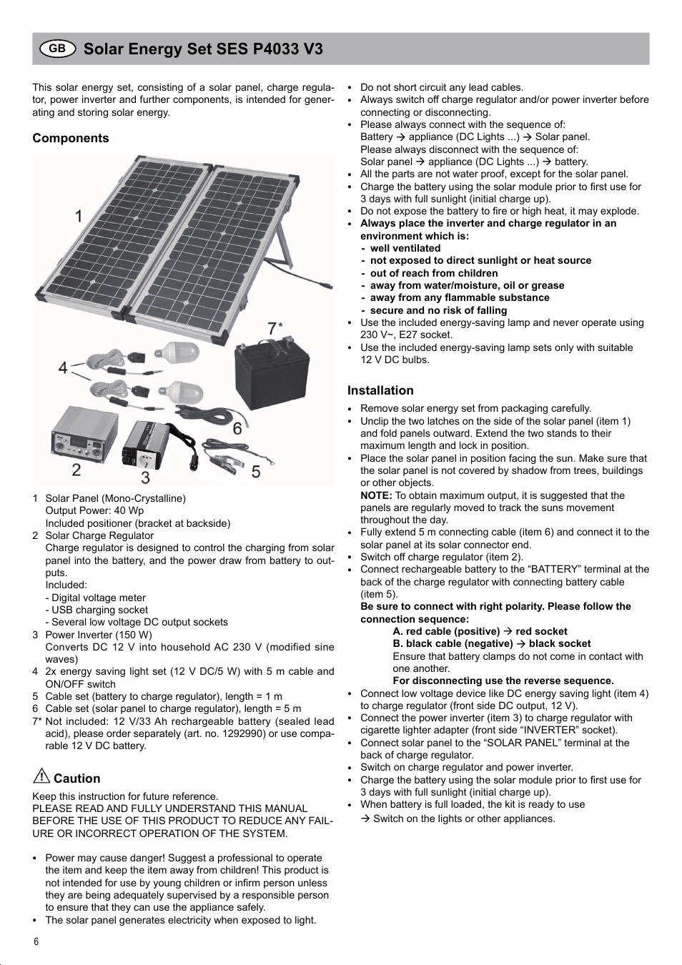 Components, Caution, Installation | Brennenstuhl Solar Energy Set SES P4033 Solar celltype Mono-crystalline 2x20Wp Panel dimensions 592x 641x25mm Inverter 150W User Manual | Page 6 / 40