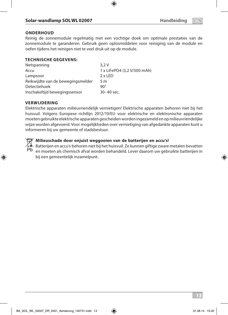Brennenstuhl Solar LED External Light SOL WL 02007 2xLED 30lm Colour Stainless steel User Manual | Page 13 / 32