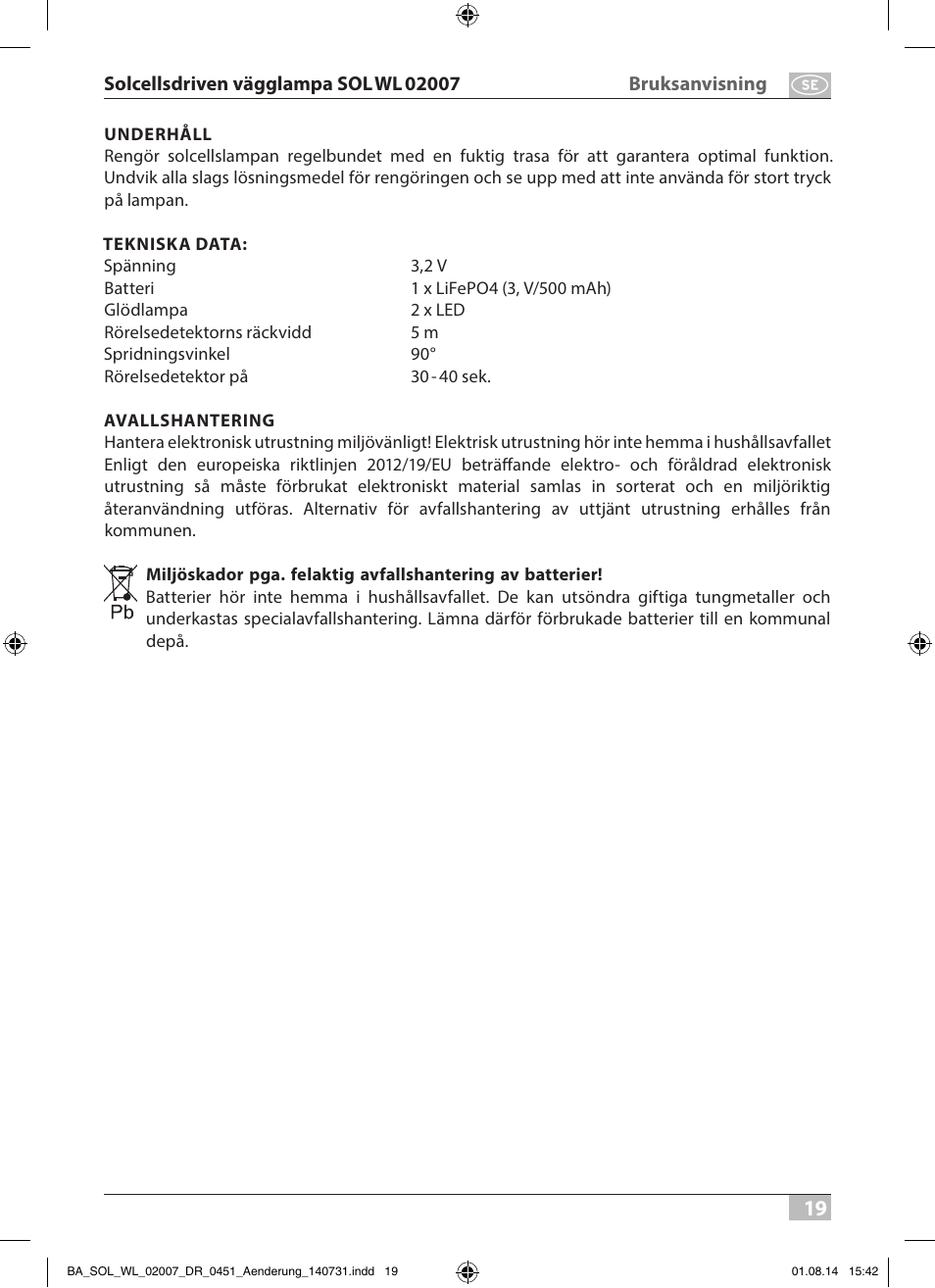Brennenstuhl Solar LED External Light SOL WL 02007 2xLED 30lm Colour Stainless steel User Manual | Page 19 / 32