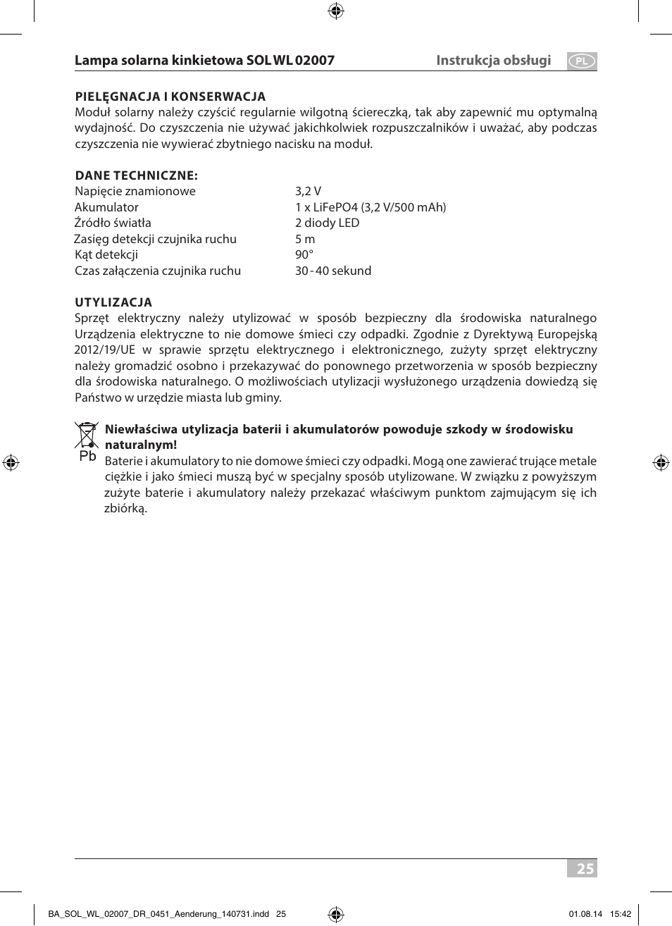 Brennenstuhl Solar LED External Light SOL WL 02007 2xLED 30lm Colour Stainless steel User Manual | Page 25 / 32