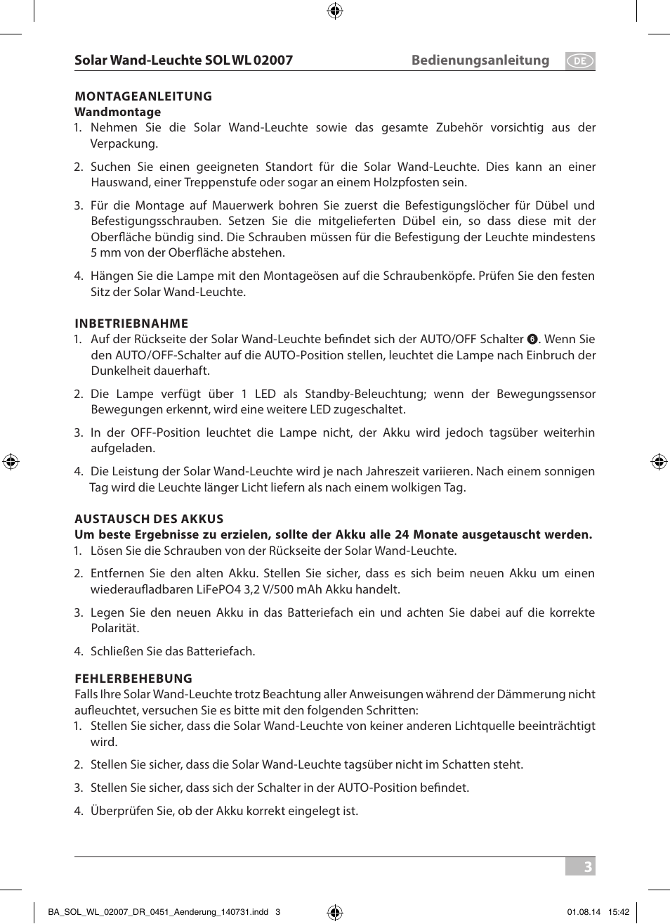 Brennenstuhl Solar LED External Light SOL WL 02007 2xLED 30lm Colour Stainless steel User Manual | Page 3 / 32