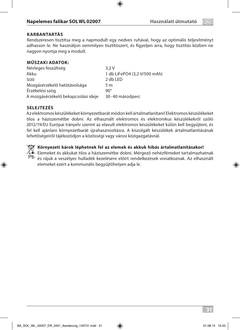 Brennenstuhl Solar LED External Light SOL WL 02007 2xLED 30lm Colour Stainless steel User Manual | Page 31 / 32