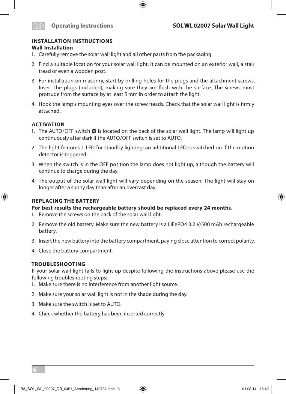 Brennenstuhl Solar LED External Light SOL WL 02007 2xLED 30lm Colour Stainless steel User Manual | Page 6 / 32