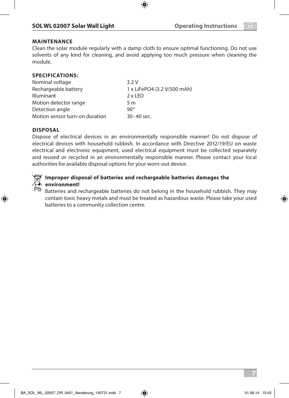 Brennenstuhl Solar LED External Light SOL WL 02007 2xLED 30lm Colour Stainless steel User Manual | Page 7 / 32