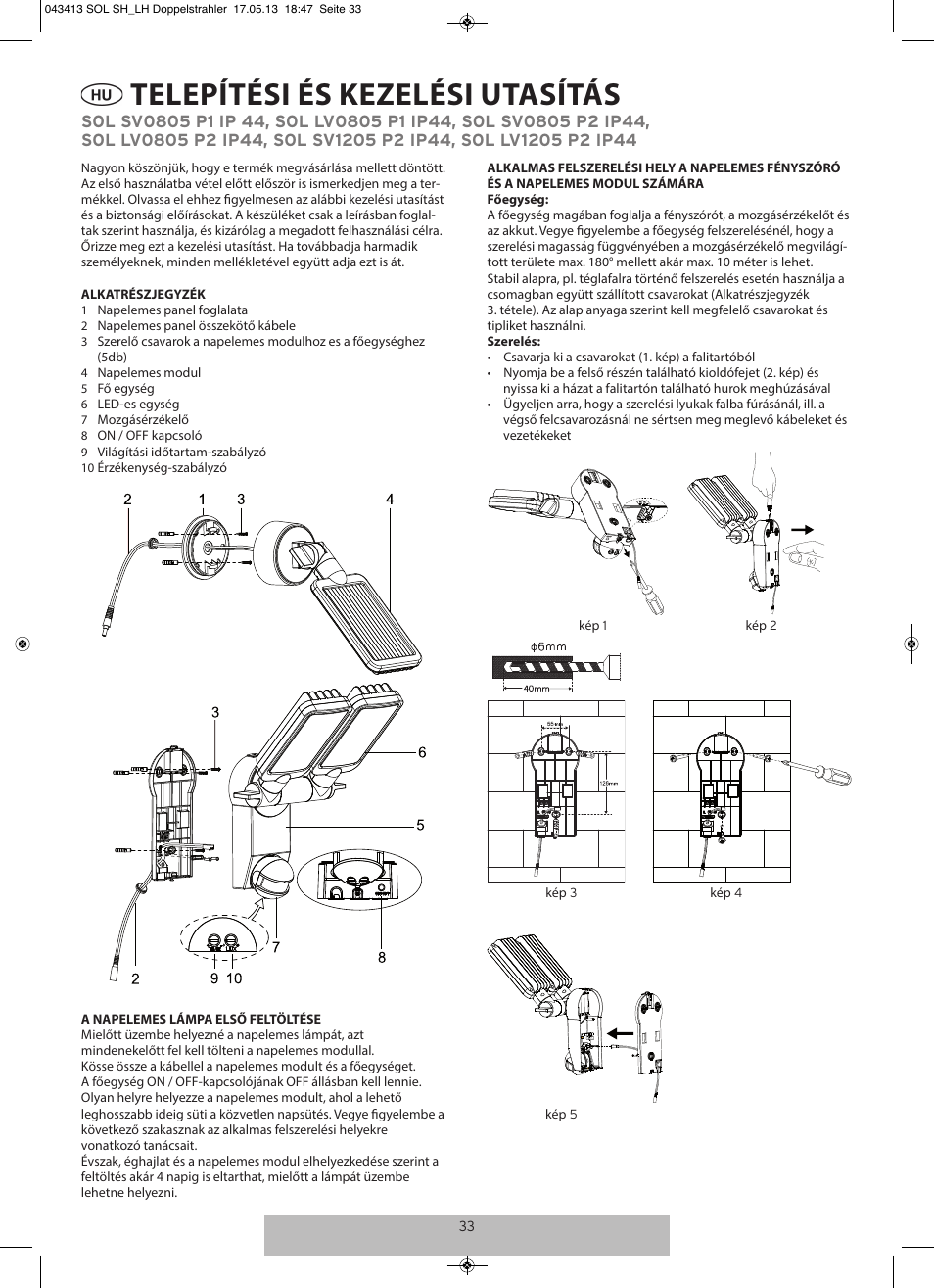 Telepítési és kezelési utasítás | Brennenstuhl Solar LED-spot Duo Premium SOL SV0805 P1 IP44 with PIR sensor 8xLED 0,5W 320lm Cable length 4,75m Colour Anthracite User Manual | Page 33 / 72