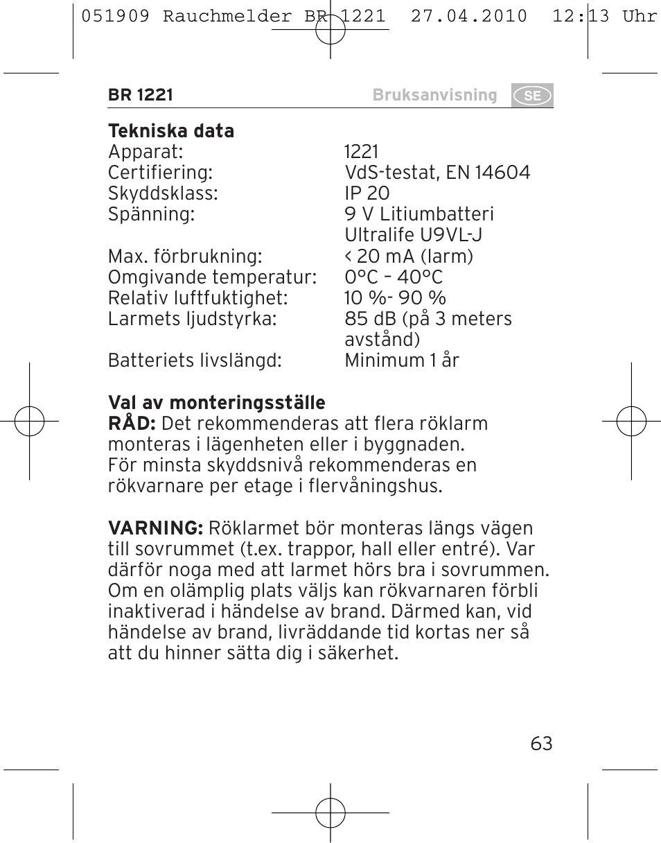 Brennenstuhl Smoke Alarm BR 1221 longlife User Manual | Page 63 / 100