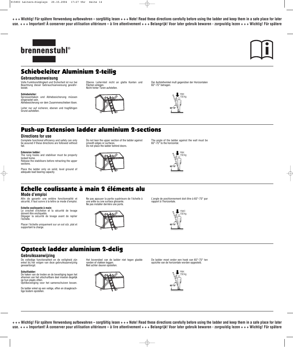 Schiebeleiter aluminium 2-teilig | Brennenstuhl Brenette 6-Hinge Aluminium Multi-purpose Ladder 12 rungs, Height of stepladder 1,8m Length of ladder 3,6m User Manual | Page 14 / 25