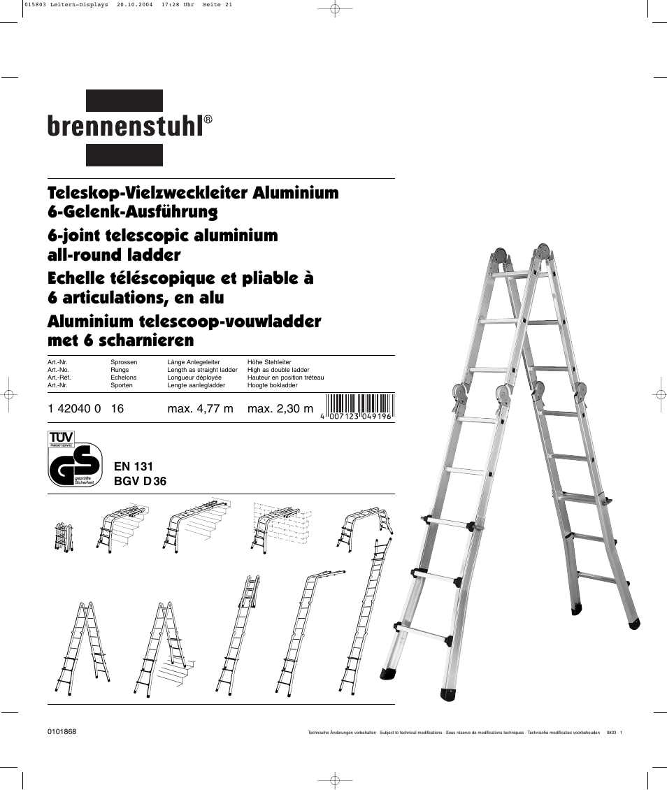 Brennenstuhl Brenette 6-Hinge Aluminium Multi-purpose Ladder 12 rungs, Height of stepladder 1,8m Length of ladder 3,6m User Manual | Page 21 / 25