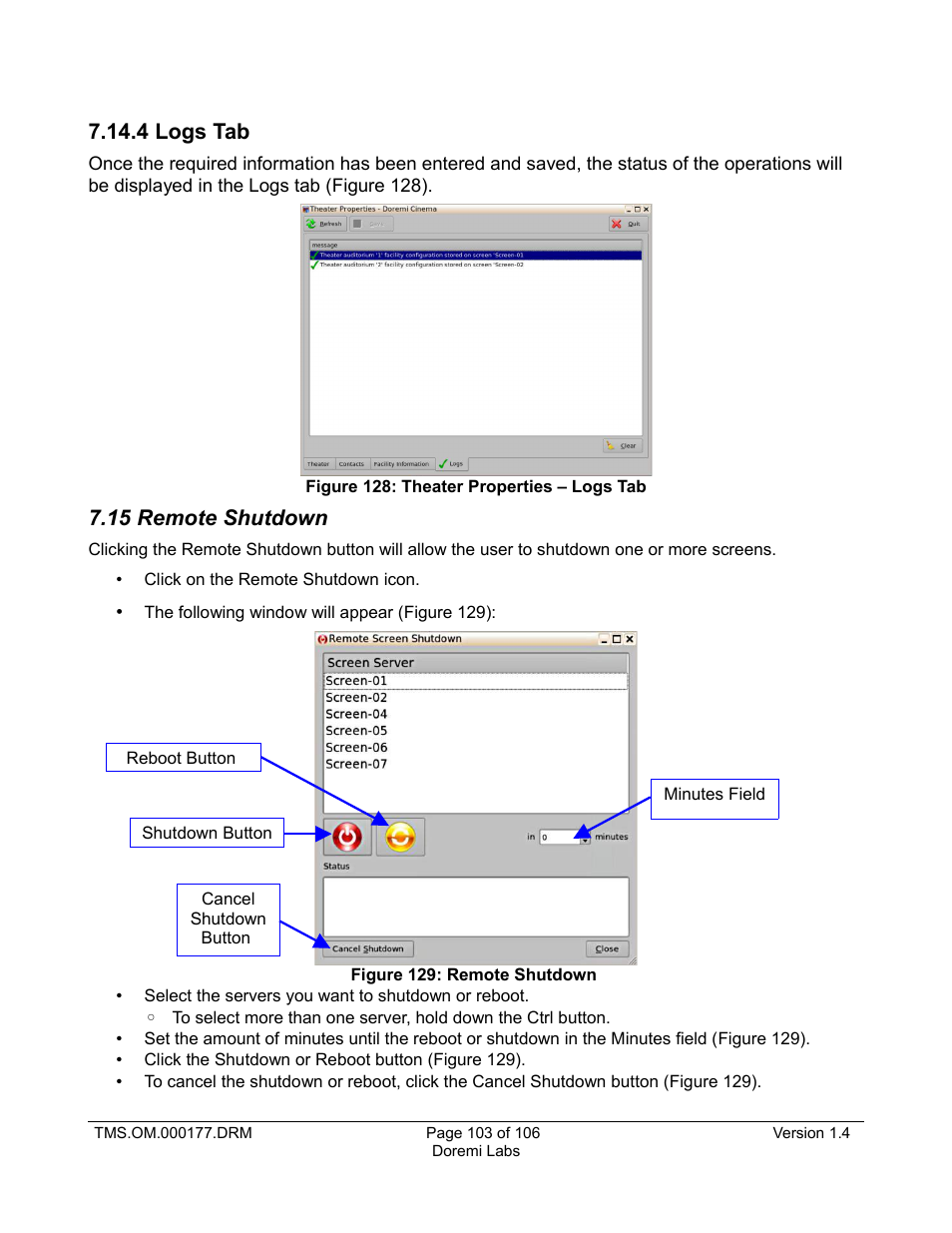 4 logs tab, 15 remote shutdown | Doremi TMS User Manual | Page 103 / 106