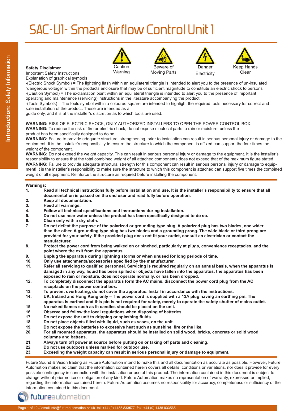 Sac-u1- smart airflow control unit 1 | Future Automation SAC-U1 User Manual | Page 2 / 14
