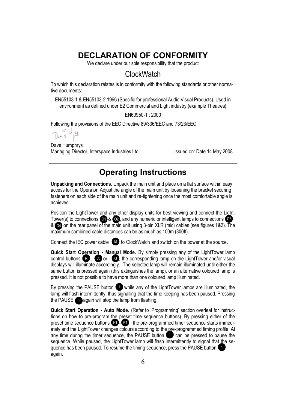 Declaration of conformity, Clockwatch, Operating instructions | Interspace Industries ClockWatch User Manual | Page 6 / 8