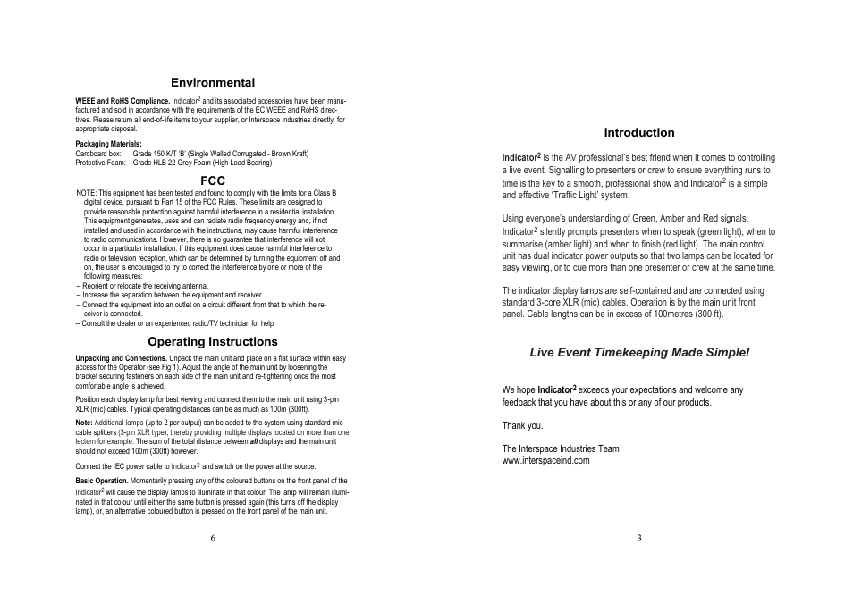 Environmental, Operating instructions, Introduction | Live event timekeeping made simple | Interspace Industries Indicator2 User Manual | Page 3 / 4