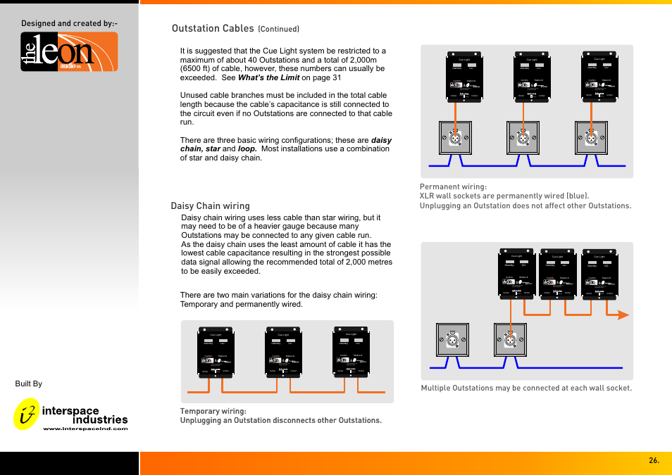 Outstation cables, Model qlsi2 mk4 evesdrop normal, Daisy chain wiring | Designed and created by:- built by | Interspace Industries TheatreCue 16 Way V4 System - 16 Outstations User Manual | Page 26 / 50