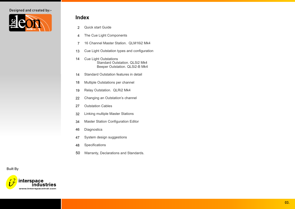 Index | Interspace Industries TheatreCue 16 Way V4 System - 16 Outstations User Manual | Page 3 / 50