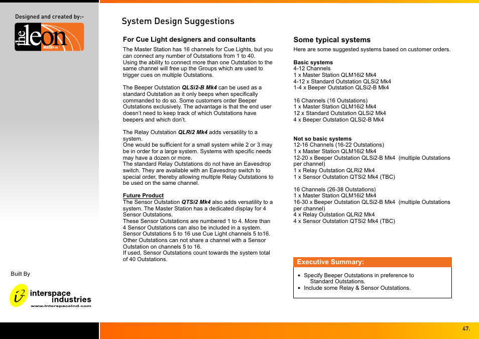System design suggestions | Interspace Industries TheatreCue 16 Way V4 System - 16 Outstations User Manual | Page 47 / 50