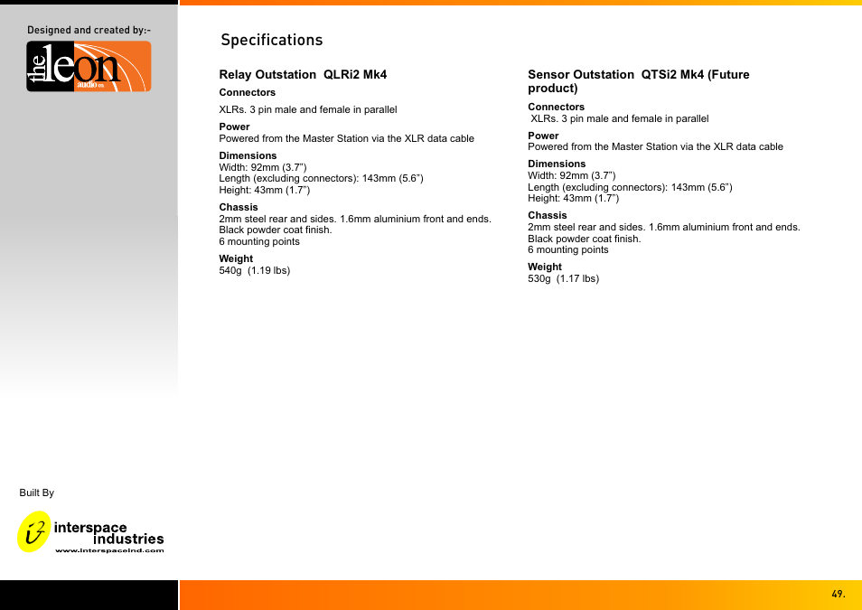 Specifications | Interspace Industries TheatreCue 16 Way V4 System - 16 Outstations User Manual | Page 49 / 50