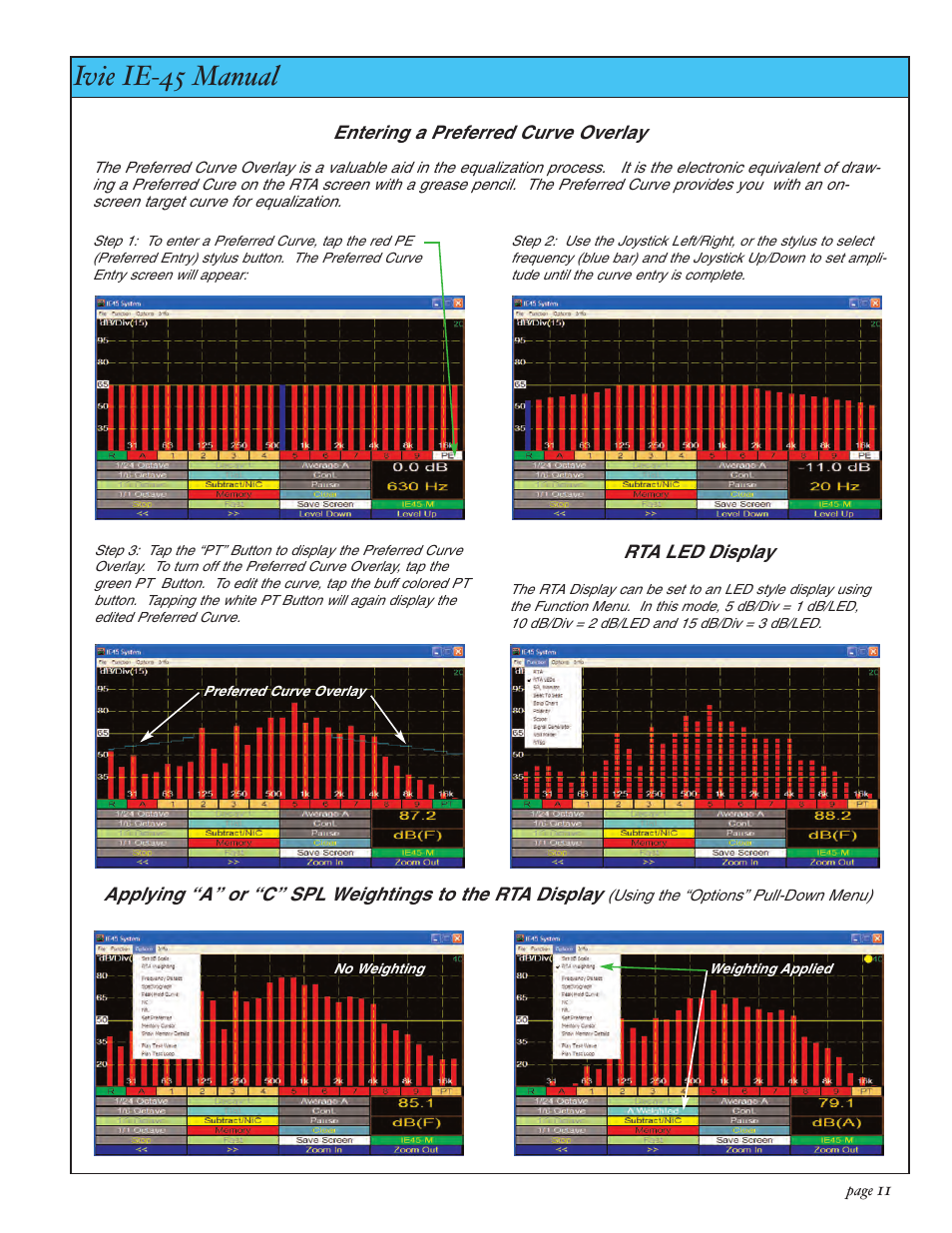 Ivie ie-45 manual, Pref. curve, led display, weighting | Ivie IE-45 RTA - Real Time Analysis User Manual | Page 11 / 48
