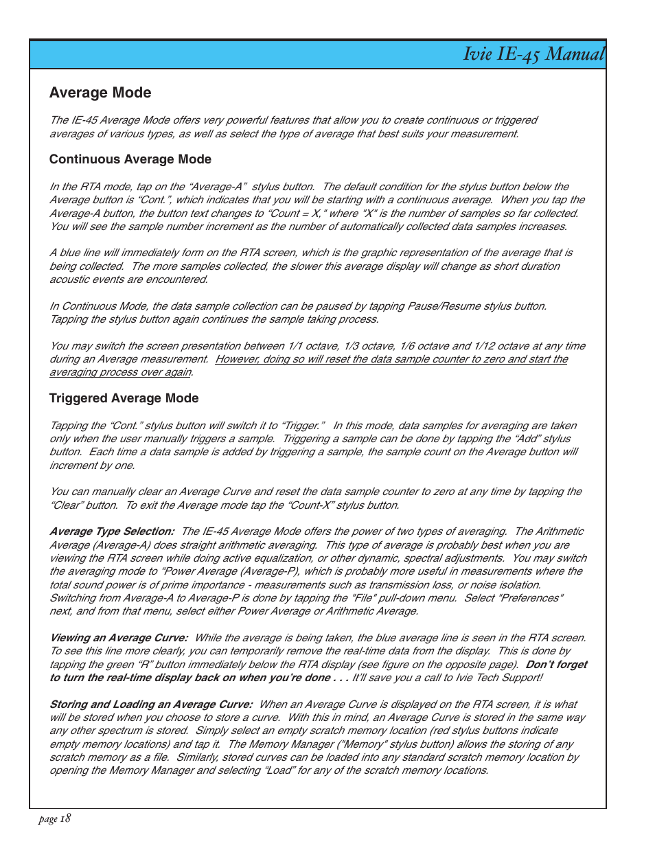 Ivie ie-45 manual rta: average mode, Average mode | Ivie IE-45 RTA - Real Time Analysis User Manual | Page 18 / 48