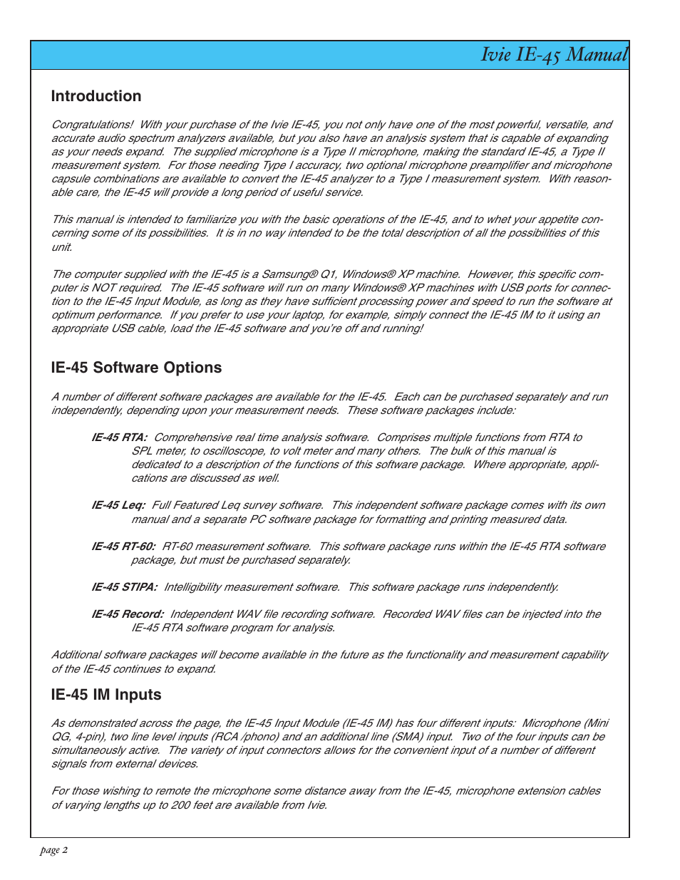 Ivie ie-45 manual, Ie-45 im inputs, Introduction | Ie-45 software options | Ivie IE-45 RTA - Real Time Analysis User Manual | Page 2 / 48