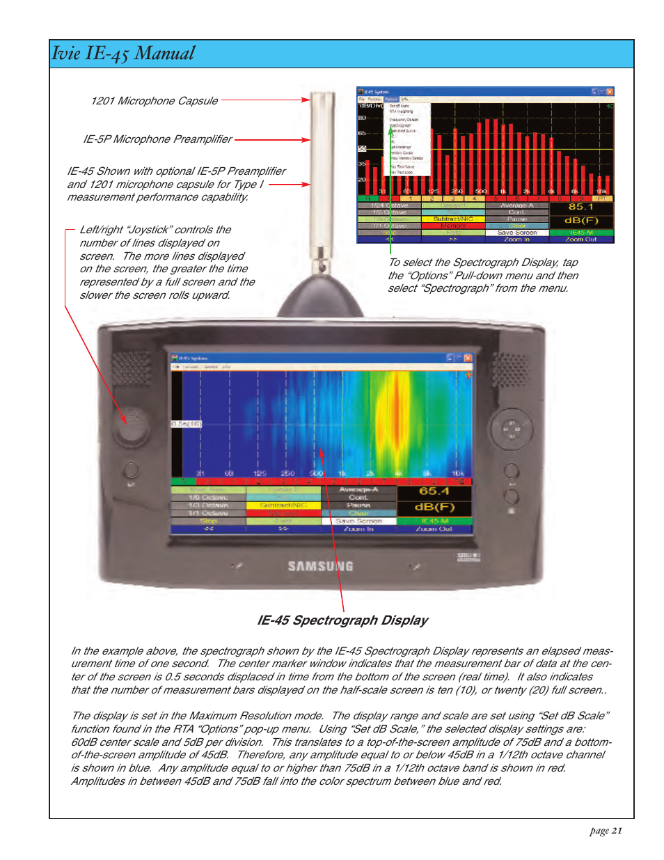 Ivie ie-45 manual, Spectrograph display | Ivie IE-45 RTA - Real Time Analysis User Manual | Page 21 / 48