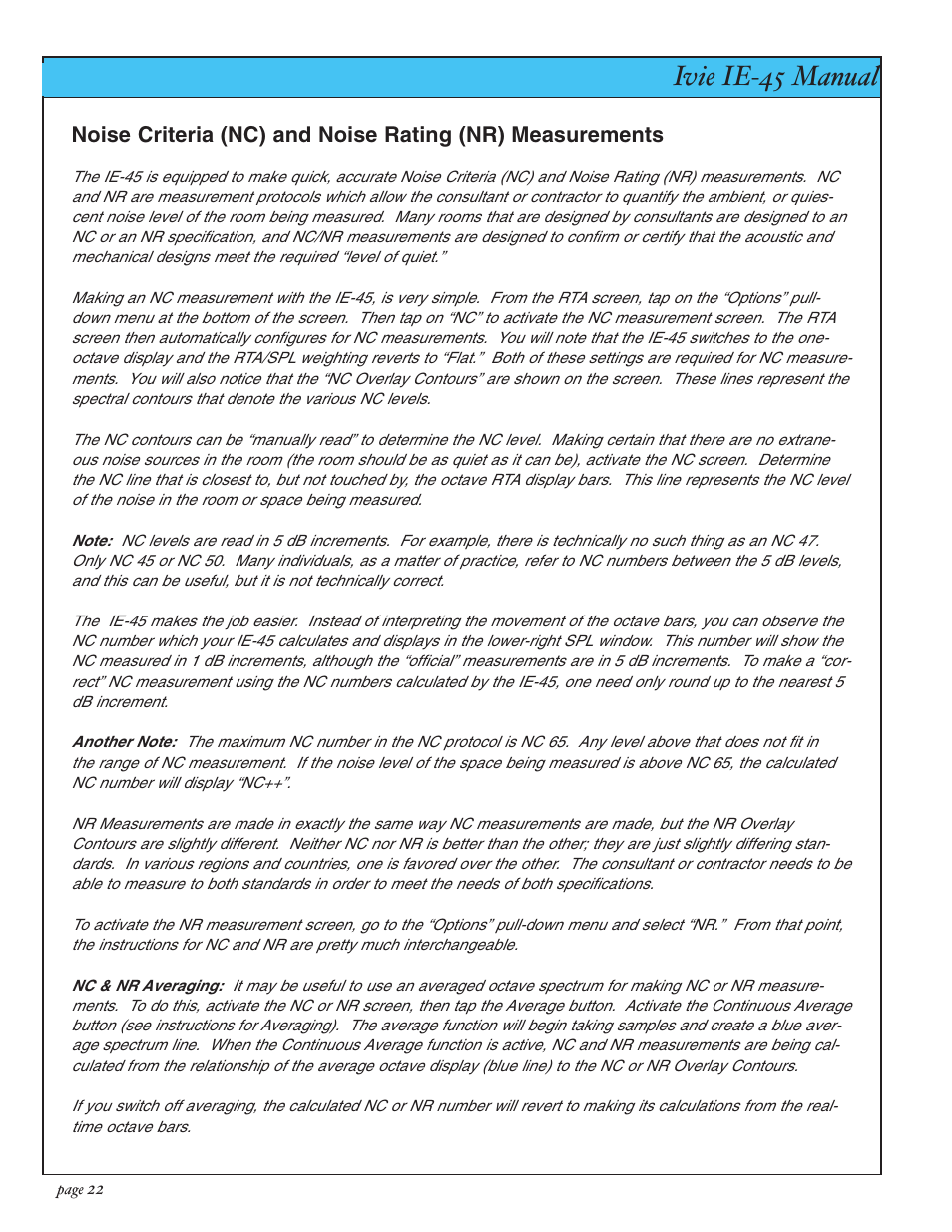 Ivie ie-45 manual, Rta: noise criteria & noise rating | Ivie IE-45 RTA - Real Time Analysis User Manual | Page 22 / 48