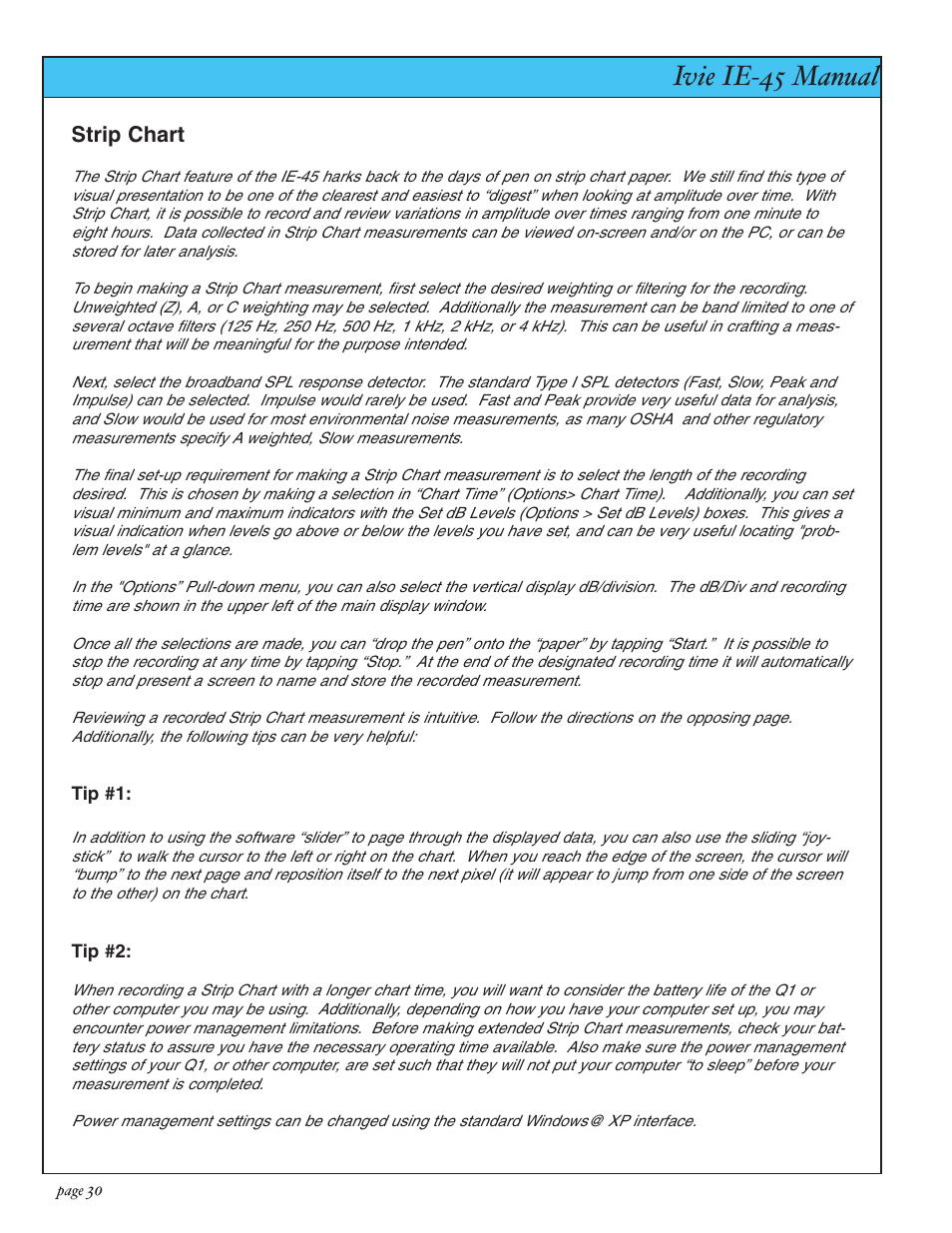 Ivie ie-45 manual, Strip chart recorder, Strip chart | Ivie IE-45 RTA - Real Time Analysis User Manual | Page 30 / 48