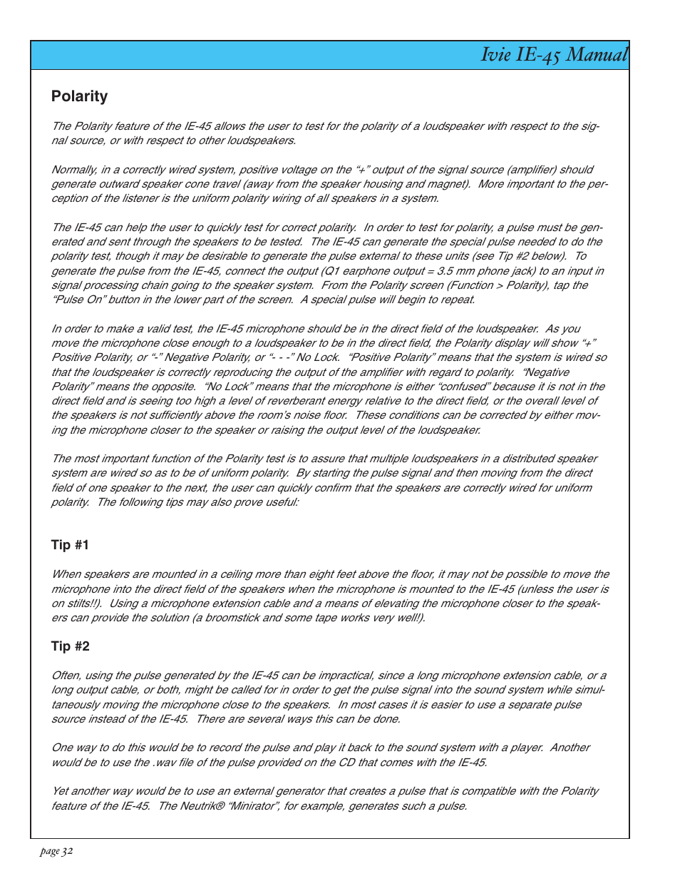 Ivie ie-45 manual, Polarity | Ivie IE-45 RTA - Real Time Analysis User Manual | Page 32 / 48