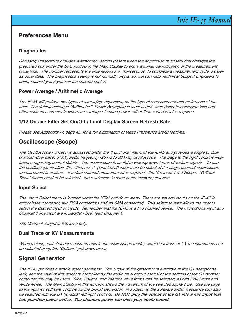 Ivie ie-45 manual, Preference menu, scope & sig. gen | Ivie IE-45 RTA - Real Time Analysis User Manual | Page 34 / 48