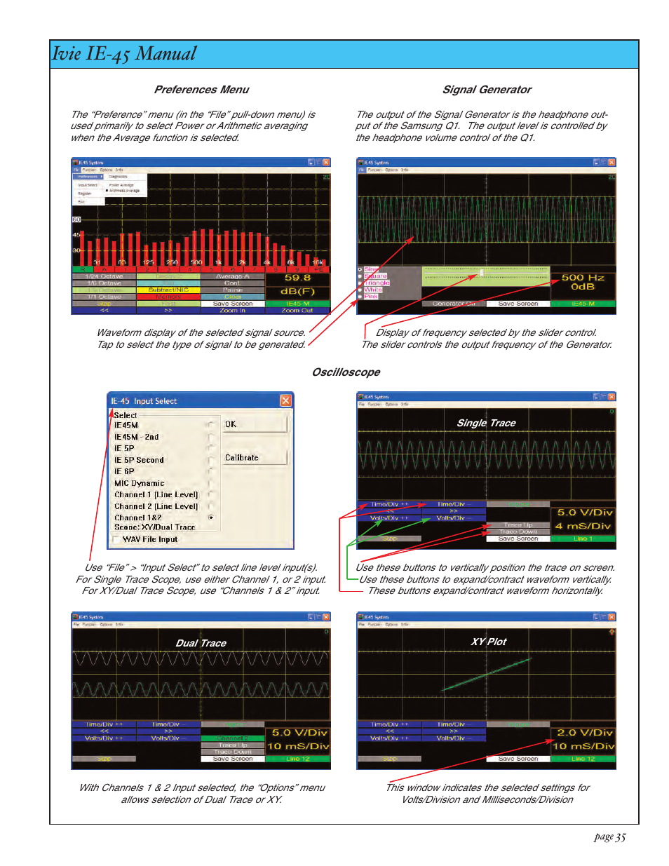 Ivie ie-45 manual, Preference menu, scope & sig. gen | Ivie IE-45 RTA - Real Time Analysis User Manual | Page 35 / 48