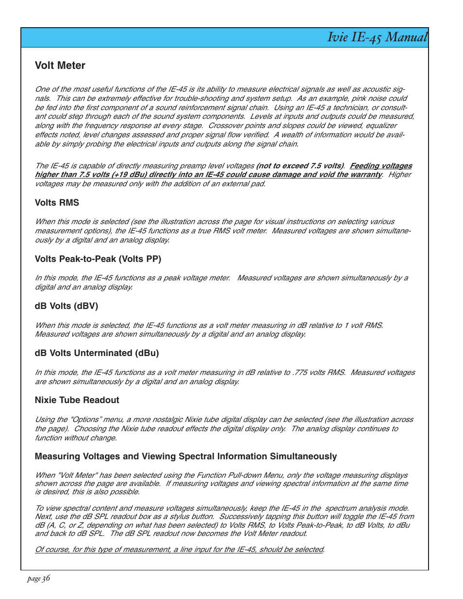 Ivie ie-45 manual, Volt meter | Ivie IE-45 RTA - Real Time Analysis User Manual | Page 36 / 48