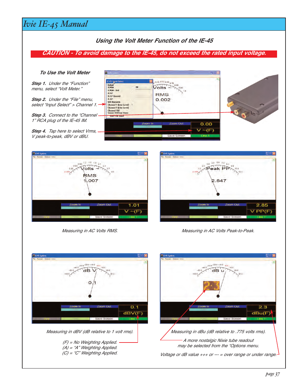 Ivie ie-45 manual, Volt meter | Ivie IE-45 RTA - Real Time Analysis User Manual | Page 37 / 48