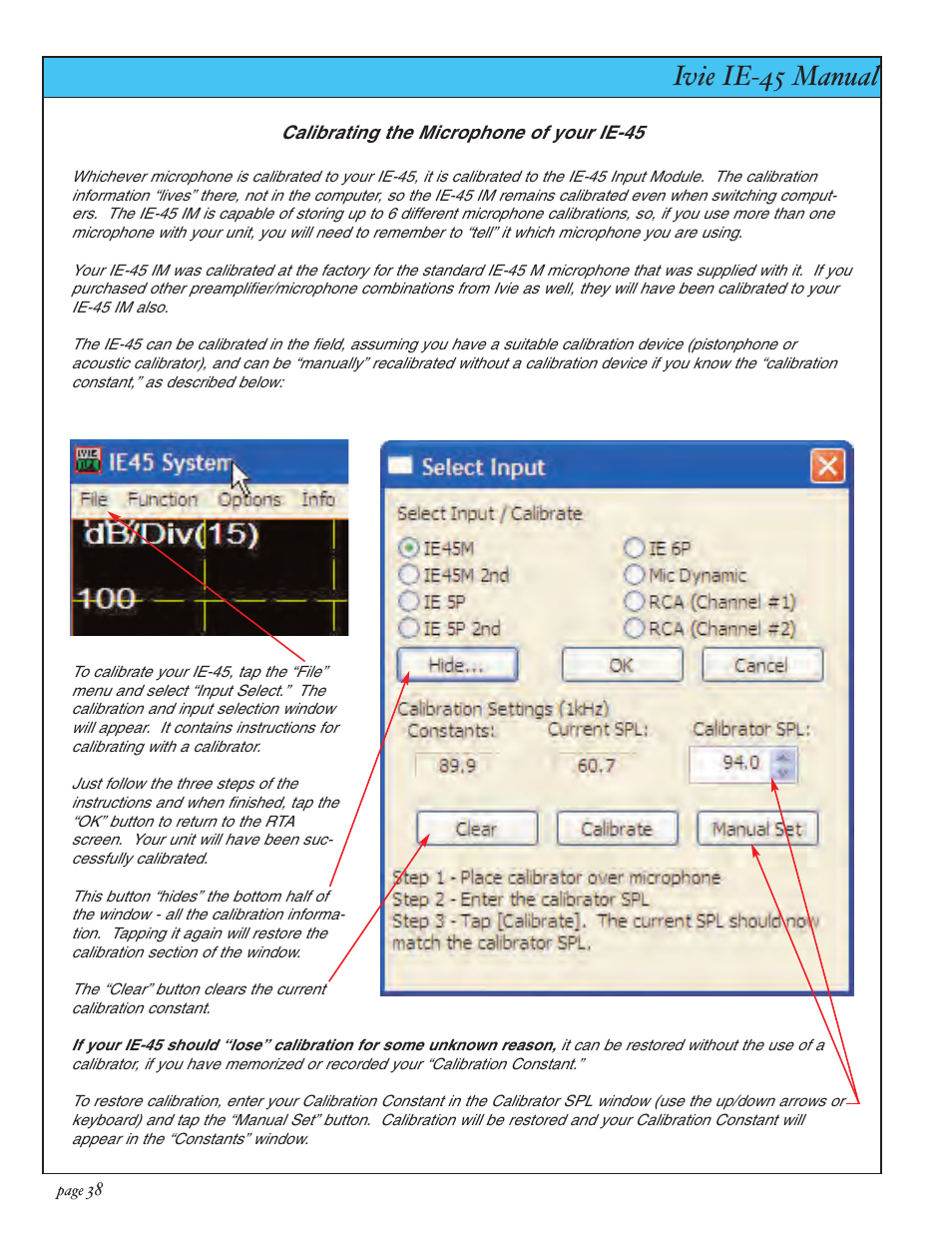 Ivie ie-45 manual, Appendix i: mic cal procedure | Ivie IE-45 RTA - Real Time Analysis User Manual | Page 38 / 48