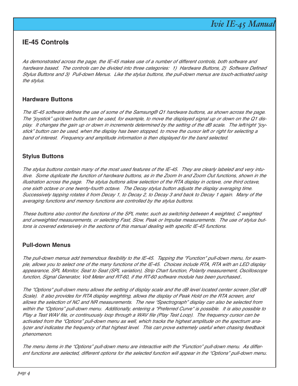 Ivie ie-45 manual, Ie-45 controls | Ivie IE-45 RTA - Real Time Analysis User Manual | Page 4 / 48