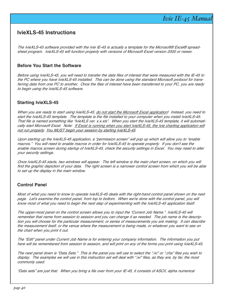 Ivie ie-45 manual, Appendix iii: iviexls-45, Iviexls-45 instructions | Ivie IE-45 RTA - Real Time Analysis User Manual | Page 40 / 48